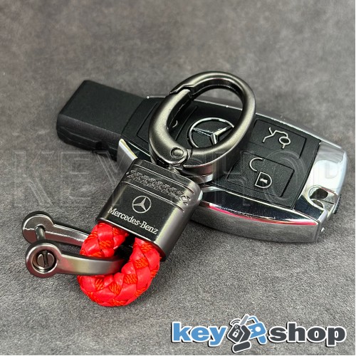 Кожаный плетеный (красний) брелок с гравировкой ( короткий ) для авто ключей Mercedes (Мерседес)