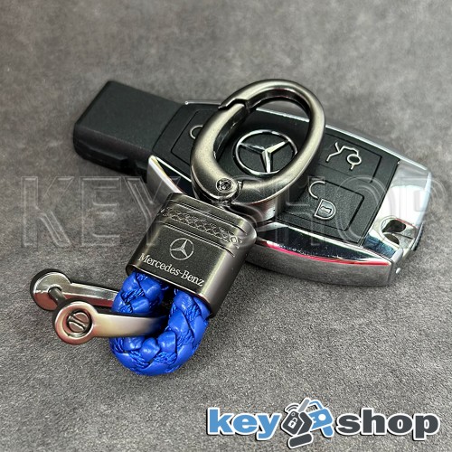 Кожаный плетеный (синий) брелок с гравировкой ( короткий ) для авто ключей Mercedes (Мерседес)