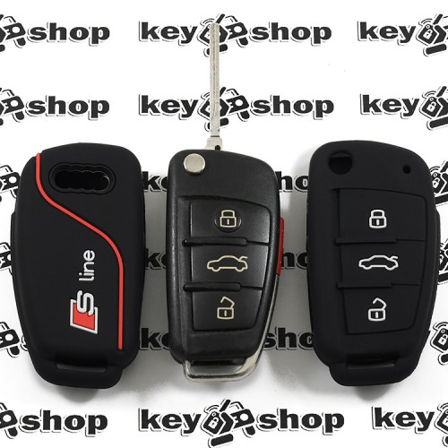 Чехол для выкидного ключа Audi (Ауди), A1, A3, A6, Q2, Q3, Q7, (черный, силиконовый)