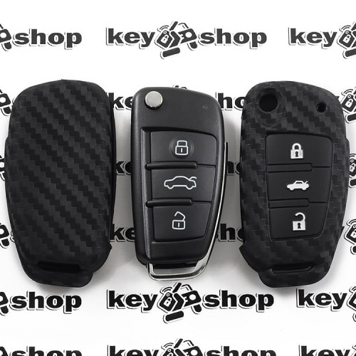 Чехол для выкидного ключа Audi (Ауди), A1, A3, A6, Q2, Q3, Q7, 3 кнопки, (cиликоновый, под карбон)