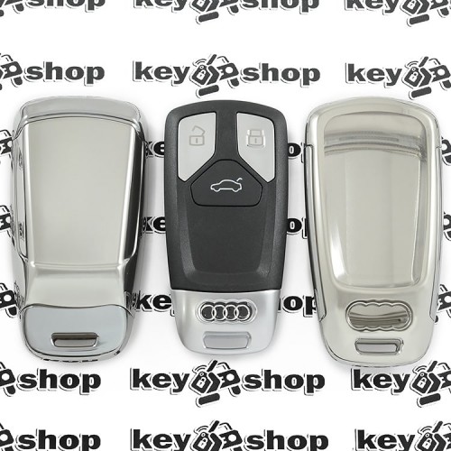 Чехол (серебристый, , полиуретановый) для смарт ключа Audi (Ауди), кнопки с защитой