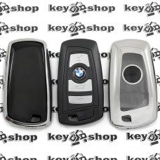        Чехол (серебристый, полиуретановый) для смарт ключа BMW (БМВ), кнопки с защитой