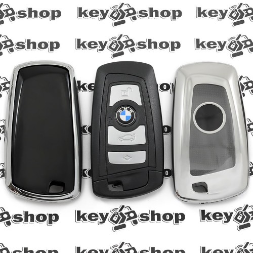        Чехол (серебристый, полиуретановый) для смарт ключа BMW (БМВ), кнопки с защитой