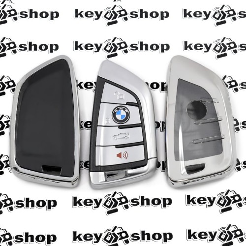 Чехол (серебристый, полиуретановый) для смарт ключа BMW (БМВ), кнопки c защитой