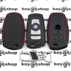 Кожаный чехол (с красной строчкой, с тиснением), для смарт ключа BMW (БМВ)
