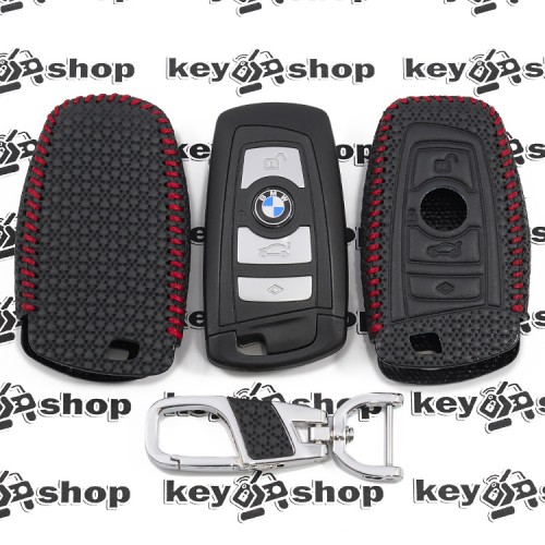 Кожаный чехол (с красной строчкой, с тиснением), для смарт ключа BMW (БМВ)