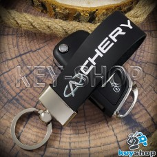 Кожаный (черный, широкий) брелок с хромированной фурнитурой для авто ключей Чери (Chery)  
