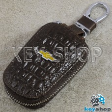 Ключница карманная (кожаная, коричневая, с тиснением, с карабином, на молнии, с кольцом), логотип авто Chevrolet (Шевроле)