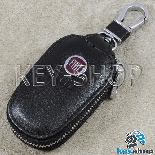 Ключница карманная (кожаная, черная, с карабином, на молнии, с кольцом), логотип авто Fiat (Фиат)
