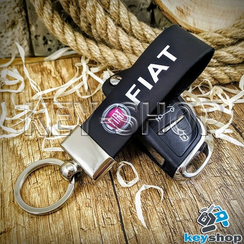 Брелок для авто ключей Fiat (Фиат) Кожаный (черный, широкий) с хромированой фурнитурой