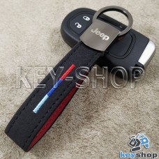 Кожаный замшевый (черный) брелок для авто ключей с логотипом Джип (Jeep) и хромированным карабином