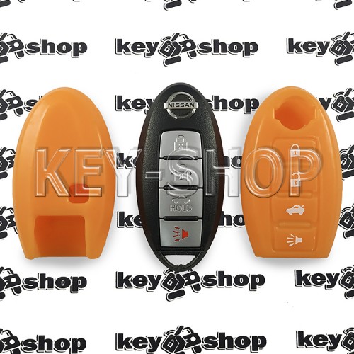         Чехол для смарт ключа Nissan (Ниссан), Rogue, Murano, Pathfinder, Sentra, Maxima, Versa, Altima, 3 + 1 кнопки, силиконовый, оранжевый