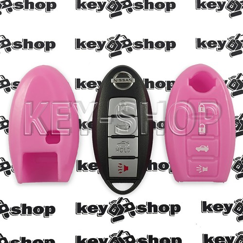         Чехол для смарт ключа Nissan (Ниссан), Rogue, Murano, Pathfinder, Sentra, Maxima, Versa, Altima, 3 + 1 кнопки, силиконовый, розовый