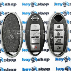 Чехол на смарт ключ Nissan (Ниссан), (серебристый, полиуретановый с тиснением под кожу), кнопки с защитой