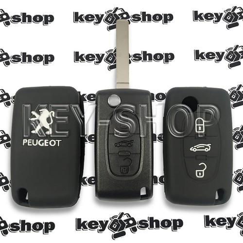 Чехол (черный, силиконовый) для выкидного ключа Peugeot (Пежо) 3 кнопки