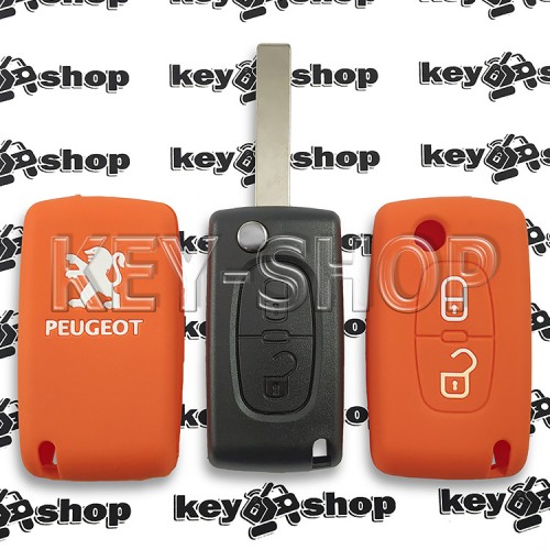 Чехол (силиконовый) выкидного ключа Peugeot (Пежо) 2 кнопки  (оранжевый)