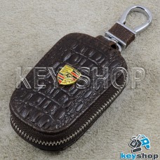 Ключница карманная (кожаная, коричневая, с тиснением, с карабином, на молнии, с кольцом), логотип авто Porsche (Порше)