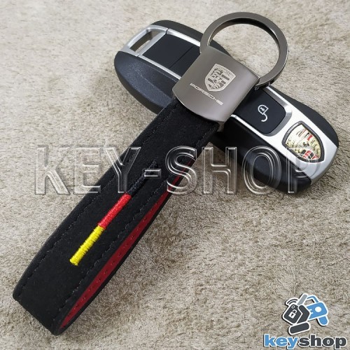 Кожаный замшевый (черный) брелок для авто ключей с логотипом  Порше (Porsche) и хромированным карабином