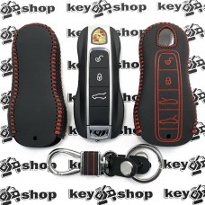 Кожаный чехол (с красной строчкой), для смарт ключа Porsche (Порше) 4 кнопки