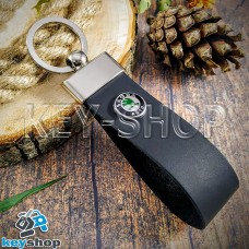 Брелок для авто ключей Шкода (Skoda) кожаный (черный, широкий) с хромированной фурнитурой