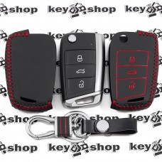 Чехол для выкидного ключа Skoda (Шкода), Octavia A7, Fabia, Karoq, Rapid, Kamiq, 3 кнопки, кожаный (с красной строчкой)