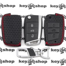 Чехол для выкидного ключа Skoda (Шкода), Octavia A7, Fabia, Karoq, Rapid, Kamiq, 3 кнопки, (с красной строчкой), тисненая кожа