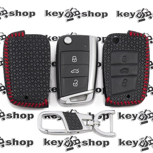Чехол для выкидного ключа Skoda (Шкода), Octavia A7, Fabia, Karoq, Rapid, Kamiq, 3 кнопки, (с красной строчкой), тисненая кожа