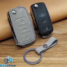  Чехол на выкидной ключ Skoda (Шкода), Octavia A7, Fabia, Karoq, Rapid, Kamiq, 3 кнопки, серый, кожаный 