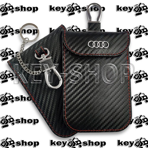   Чехол Фарадея, антисканер, противоугонный чехол Audi (Ауди) (кожаный, под карбон, черный, на липучке, с карабином, с кольцом)  
