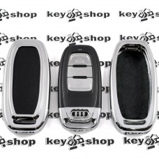 Чехол для смарт ключа Audi (Ауди), A4, A6, Q5, кнопки без защиты, металлический (хромированный) с кожаными вставками