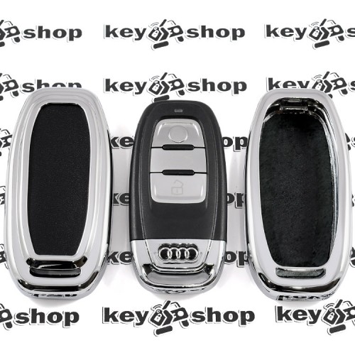 Чехол для смарт ключа Audi (Ауди), A4, A6, Q5, кнопки без защиты, металлический (хромированный) с кожаными вставками