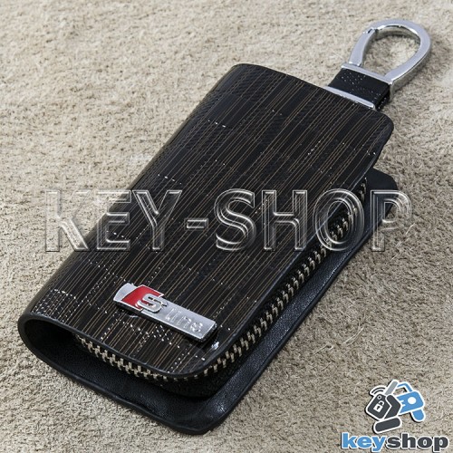 Ключница карманная (кожаная, коричневая, с тиснением, на молнии, с карабином, с кольцом), логотип авто Audi S - Line (Ауди С - Лайн) 