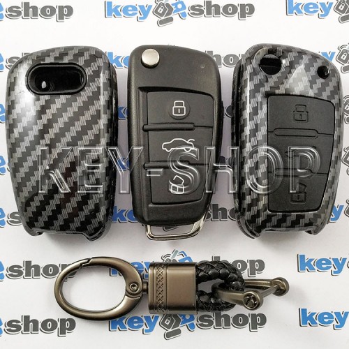    Чехол выкидного ключа Audi (Ауди) A1, A3, A6, Q2, Q3, Q7, (пластиковый, под карбон, с карабином) кнопки с защитой, 3 кнопки, черный   