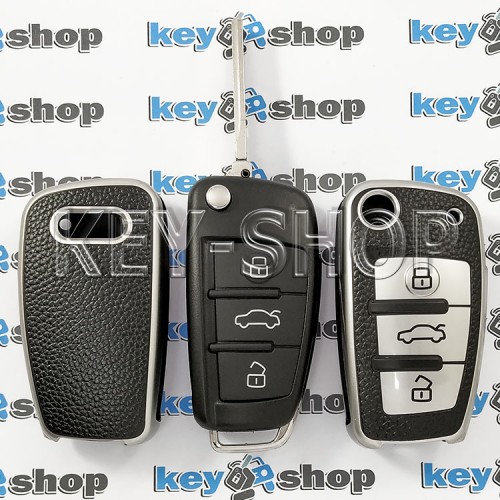 Чехол выкидного ключа Audi (Ауди) A1, A3, A6, Q2, Q3, Q7, (полиуретановый, с тиснением под кожу) кнопки с защитой, 3 кнопки, черный    