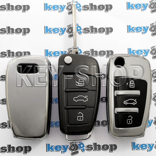 Чехол выкидного ключа Audi (Ауди) A1, A3, A6, Q2, Q3, Q7, (полиуретановый, серебристый) кнопки с защитой, 3 кнопки