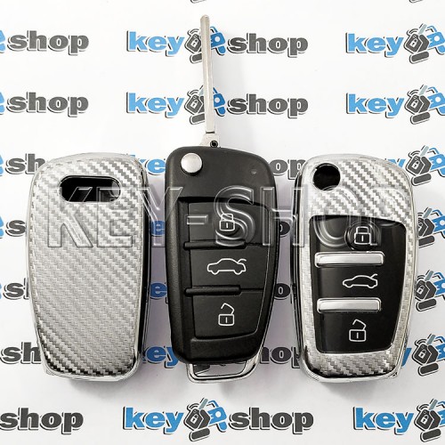 Чехол выкидного ключа Audi (Ауди) A1, A3, A6, Q2, Q3, Q7, (полиуретановый, серебристый, под карбон) кнопки с защитой, 3 кнопки
