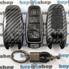 Чехол смарт ключа Audi (Ауди) A6, A8, Q5, Q7, Q8 (пластиковый, под карбон, с карабином) кнопки с защитой, 3 кнопки, черный