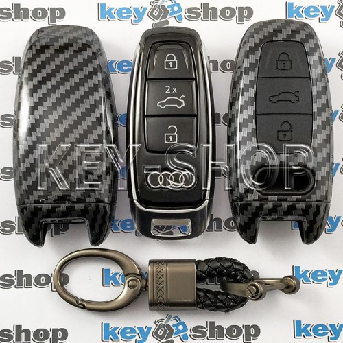 Чехол смарт ключа Audi (Ауди) A6, A8, Q5, Q7, Q8 (пластиковый, под карбон, с карабином) кнопки с защитой, 3 кнопки, черный