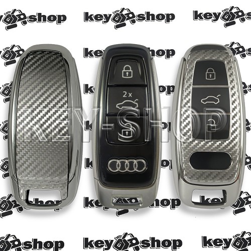 Чехол смарт ключа Audi (Ауди) A6, A8, Q5, Q7, Q8 (серебристый, полиуретановый, под карбон) кнопки с защитой