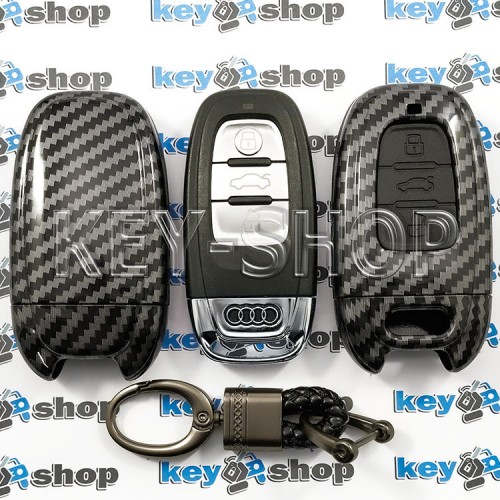    Чехол смарт ключа Audi (Ауди) A4, A6, Q5, (пластиковый, под карбон, с карабином) кнопки с защитой, 3 кнопки, черный 