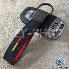 Кожаный замшевый (черный) брелок для авто ключей с логотипом Ауди (Audi) и хромированным карабином