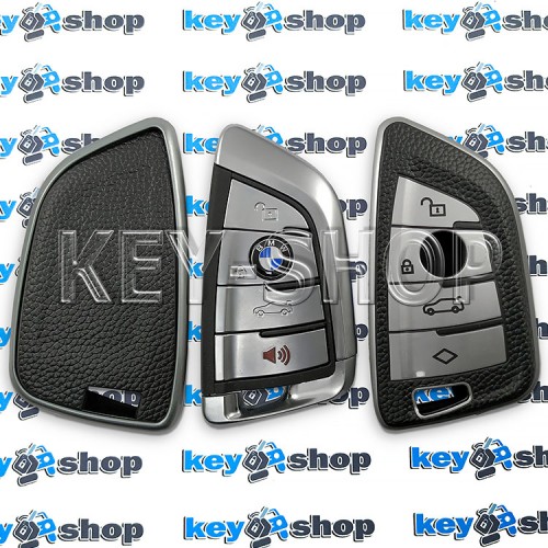 Чехол на смарт ключ BMW (БМВ), (черный, полиуретановый, с тиснением под кожу), кнопки c защитой