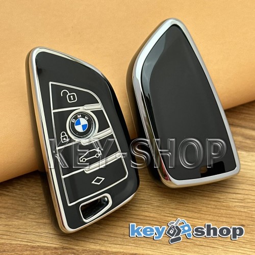 Чехол на смарт ключ BMW (БМВ), (черный, полиуретановый), кнопки c защитой