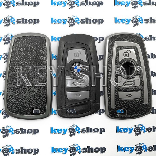 Чехол на смарт ключ BMW (БМВ), (серебристый, полиуретановый с тиснением под кожу), кнопки с защитой