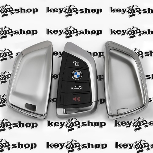   Чехол (серебристый, полиуретановый) для смарт ключа BMW (БМВ), кнопки без защиты