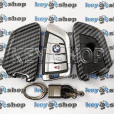 Чехол смарт ключа  BMW (БМВ) (пластиковый, под карбон, с карабином) кнопки с защитой, 3 + 1 кнопка, черный
