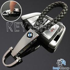 Кожаный плетеный (черный) брелок для авто ключей BMW (БМВ) с хромированным карабином