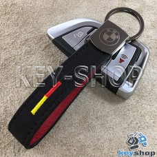 Кожаный замшевый (черный) брелок для авто ключей с логотипом BMW (БМВ) и хромированным карабином