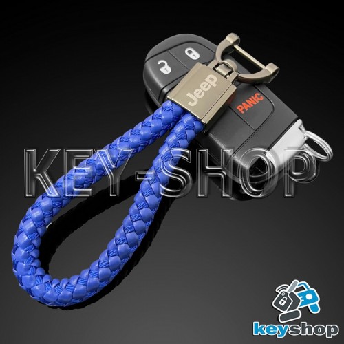 Кожаный (синий) плетеный брелок для авто ключей Джип (Jeep)