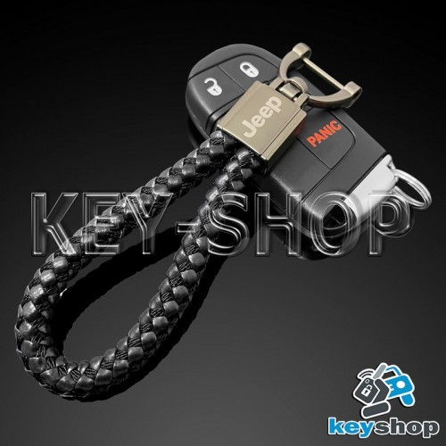 Кожаный (чёрный) плетеный брелок для авто ключей Джип (Jeep)